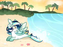 Size: 4000x3000 | Tagged: safe, artist:dreamyeevee, oc, oc only, oc:wistful galaxy, seapony (g4), starfish, beach, commission, dorsal fin, ear fluff, ethereal mane, fin wings, fish tail, lying down, palm tree, seashell, sky, slit pupils, smiling, solo, starry mane, tail, tree, water, wings, yellow eyes