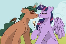 Size: 2048x1387 | Tagged: safe, artist:pastel-charms, timber spruce, twilight sparkle, alicorn, pony, g4, female, food, ice cream, kissing, magic, male, shipping, straight, timbertwi, twilight sparkle (alicorn)