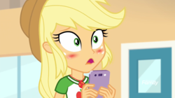 Size: 1365x767 | Tagged: safe, screencap, applejack, equestria girls, equestria girls series, g4, rollercoaster of friendship, blushing, cellphone, female, geode of super strength, phone, shocked, smartphone, solo