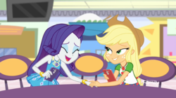 Size: 1365x767 | Tagged: safe, screencap, applejack, rarity, equestria girls, equestria girls series, g4, rollercoaster of friendship, geode of shielding, geode of super strength, shipping fuel