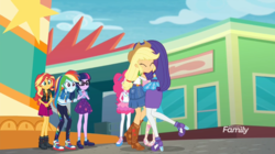 Size: 1365x767 | Tagged: safe, screencap, applejack, pinkie pie, rainbow dash, rarity, sci-twi, sunset shimmer, twilight sparkle, equestria girls, equestria girls specials, g4, my little pony equestria girls: better together, my little pony equestria girls: rollercoaster of friendship, converse, female, geode of empathy, geode of sugar bombs, geode of super speed, hug, magical geodes, shipping fuel, shoes
