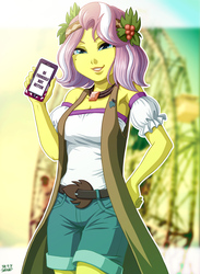 Size: 880x1200 | Tagged: safe, artist:uotapo, vignette valencia, equestria girls, equestria girls series, g4, rollercoaster of friendship, armpits, beauty mark, bybb, cellphone, clothes, female, flower, flower in hair, phone, puffy sleeves, shirt, shorts, solo