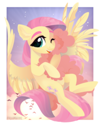 Size: 3037x3871 | Tagged: safe, artist:aquamarinne, artist:eiirine, fluttershy, bird, pegasus, pony, g4, big eyes, cloud, cute, female, flying, high res, hug, mare, one eye closed, shyabetes, simple background, sky, solo, sunset, transparent background, wings, wink