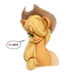 Size: 900x987 | Tagged: safe, artist:mrs1989, applejack, earth pony, pony, g4, cowboy hat, dialogue, female, freckles, hair over one eye, hat, korean, mare, simple background, solo, speech bubble, stetson, white background