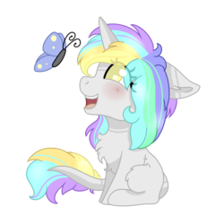Size: 1500x1500 | Tagged: safe, artist:adostume, oc, oc only, oc:smoothie, butterfly, pony, unicorn, blushing, chest fluff, chibi, happy, leonine tail, simple background, smiling, solo, transparent background
