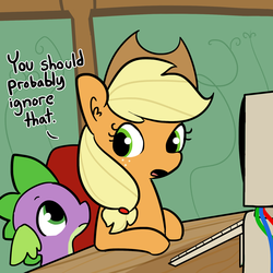 Size: 1650x1650 | Tagged: safe, artist:tjpones, applejack, spike, dragon, earth pony, pony, g4, female, looking at each other, mare