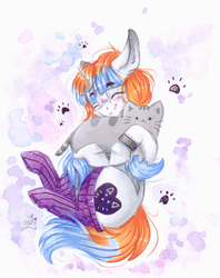 Size: 844x1065 | Tagged: safe, artist:scootiegp, oc, oc only, cat, pony, unicorn, blushing, clothes, cute, female, mare, plushie, pusheen, smiling, socks, striped socks, traditional art, watercolor painting