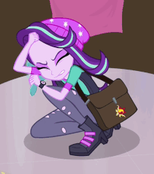 Size: 622x702 | Tagged: safe, screencap, starlight glimmer, equestria girls, equestria girls specials, g4, my little pony equestria girls: mirror magic, animated, beanie, clothes, cropped, female, gif, hat, mirror, nervous, scared, shoulder bag, solo, talking