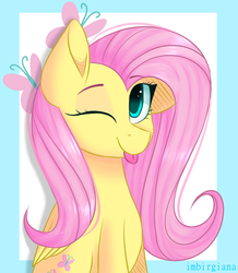 Size: 2436x2800 | Tagged: safe, artist:imbirgiana, fluttershy, pegasus, pony, g4, :p, cute, female, high res, looking at you, mare, one eye closed, shyabetes, silly, sitting, smiling, solo, tongue out, wink