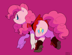 Size: 1720x1300 | Tagged: safe, artist:potetecyu_to, pinkie pie, earth pony, pony, g4, boots, clothes, cute, diapinkes, female, mare, miniskirt, moe, profile, purple background, shoes, simple background, skirt, skirt lift, technically an upskirt shot
