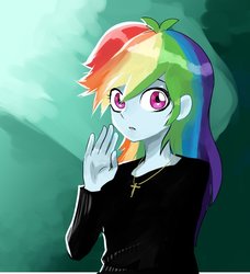 Size: 1008x1107 | Tagged: safe, artist:bojack_mlplove, rainbow dash, equestria girls, g4, christianity, clothes, cross, female, jewelry, looking at you, necklace, religious headcanon, solo