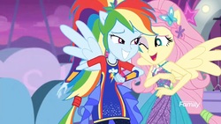 Size: 1366x768 | Tagged: safe, screencap, fluttershy, rainbow dash, equestria girls, equestria girls specials, g4, my little pony equestria girls: better together, my little pony equestria girls: rollercoaster of friendship, duo, female, ponied up, shipping fuel