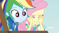 Size: 1366x768 | Tagged: safe, screencap, fluttershy, rainbow dash, equestria girls, equestria girls specials, g4, my little pony equestria girls: better together, my little pony equestria girls: rollercoaster of friendship, discovery family logo, female, geode of fauna, geode of super speed, magical geodes