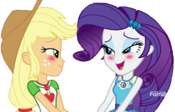 Size: 705x450 | Tagged: safe, edit, edited screencap, editor:ponyfan228, screencap, applejack, rarity, equestria girls, equestria girls specials, g4, my little pony equestria girls: better together, my little pony equestria girls: rollercoaster of friendship, background removed, blushing, cropped, discovery family logo, duo, female, geode of shielding, geode of super strength, lesbian, magical geodes, ship:rarijack, shipping, shipping fuel, simple background, transparent background
