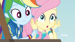 Size: 1366x768 | Tagged: safe, screencap, fluttershy, rainbow dash, equestria girls, equestria girls specials, g4, my little pony equestria girls: better together, my little pony equestria girls: rollercoaster of friendship, discovery family logo, female, geode of fauna, geode of super speed, magical geodes