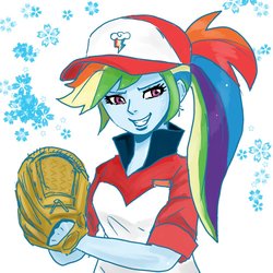 Size: 1000x1000 | Tagged: safe, artist:bojack_mlplove, rainbow dash, equestria girls, g4, baseball cap, baseball glove, cap, female, flower, hat, looking at you, simple background, solo