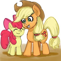 Size: 1000x1000 | Tagged: safe, artist:bojack_mlplove, apple bloom, applejack, earth pony, pony, g4, applejack's hat, bow, cowboy hat, eyes closed, female, filly, hair bow, hat, mare, sisters