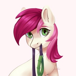 Size: 2000x2000 | Tagged: artist needed, safe, roseluck, earth pony, pony, g4, bust, chest fluff, collar, commissioner:doom9454, cute, digital art, ear fluff, female, high res, leash, lightly watermarked, looking at you, mare, mouth hold, pink background, pony pet, rosepet, simple background, solo, watermark