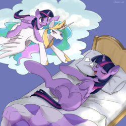 Size: 1746x1746 | Tagged: safe, artist:jus+ice, princess celestia, twilight sparkle, alicorn, pony, g4, bed, belly button, dream, female, mare, on back, ponies riding ponies, riding, simple background, sleeping, twilight riding celestia, twilight sparkle (alicorn)