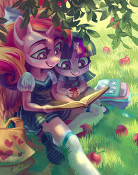 Size: 1771x2244 | Tagged: dead source, safe, artist:holivi, princess cadance, twilight sparkle, alicorn, unicorn, anthro, g4, apple, apple tree, backpack, book, bow, clothes, cottagecore, cute, cutedance, daaaaaaaaaaaw, duo, female, filly, filly twilight sparkle, foal, food, grass, mary janes, pleated skirt, puffy sleeves, shirt, shoes, skirt, socks, teen princess cadance, thigh highs, tree, twiabetes, weapons-grade cute, younger, zettai ryouiki