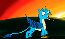 Size: 1024x627 | Tagged: safe, artist:horsesplease, gallus, griffon, g4, behaving like a rooster, birb, crowing, derp, gallus the rooster, majestic as fuck, male, morning, namesake, pun, solo, sunrise