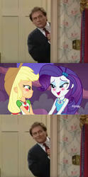 Size: 917x1853 | Tagged: safe, applejack, rarity, human, equestria girls, equestria girls specials, g4, my little pony equestria girls: better together, my little pony equestria girls: rollercoaster of friendship, blushing, crossover, female, grin, irl, irl human, lesbian, male, meme, niles, photo, ship:rarijack, shipper on deck, shipping, smiling, the nanny