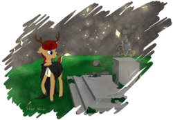 Size: 2013x1404 | Tagged: safe, artist:star north, oc, oc only, oc:stoutbook, deer, fordeer, original species, antlers, cloak, clothes, deer oc, non-pony oc, rock, ruins, runes, simple background, solo, transparent background