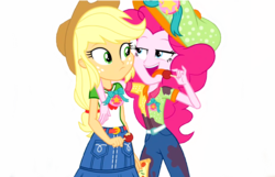 Size: 2048x1316 | Tagged: dead source, safe, edit, edited screencap, editor:lonely fanboy48, screencap, applejack, pinkie pie, equestria girls, equestria girls specials, g4, my little pony equestria girls: better together, my little pony equestria girls: rollercoaster of friendship, background removed, clothes, duo, duo female, female, fun inspector, fun inspector pinkie, happy, hat, job, not a vector, simple background, transparent background
