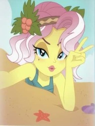 Size: 336x444 | Tagged: safe, edit, edited screencap, screencap, vignette valencia, starfish, equestria girls, equestria girls series, g4, rollercoaster of friendship, beach, clam, clothes, cropped, female, looking at you, peace sign, selfie, solo, swimsuit, u no how i do