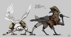 Size: 2560x1340 | Tagged: safe, artist:quiet-victories, original species, ravenwolf, albino, armor, barely pony related, colored sketch, damaged wing, duo, duo male, fantasy class, hood, knife, leather armor, male, mouth hold, red eyes, rogue, weapon
