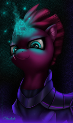 Size: 3200x5400 | Tagged: safe, artist:darksly, tempest shadow, pony, unicorn, g4, my little pony: the movie, :3, absurd resolution, armor, broken horn, electricity, eye scar, female, glowing horn, horn, mare, scar, signature, smiling, solo