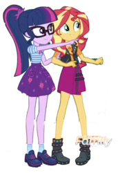Size: 701x1024 | Tagged: dead source, safe, artist:php77, editor:php77, sci-twi, sunset shimmer, twilight sparkle, equestria girls, equestria girls specials, g4, my little pony equestria girls: better together, my little pony equestria girls: rollercoaster of friendship, clothes, duo, duo female, female, glasses, logo, not a vector, ponytail, simple background, transparent background