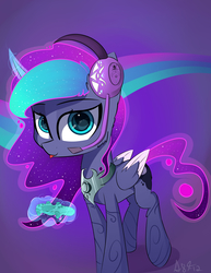 Size: 2975x3850 | Tagged: safe, artist:a8f12, princess luna, alicorn, pony, gamer luna, g4, :p, controller, cute, dualshock controller, ethereal mane, female, glowing horn, headphones, headset, high res, horn, looking at you, magic, mare, silly, solo, starry mane, telekinesis, tongue out