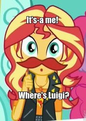 Size: 410x575 | Tagged: safe, sunset shimmer, equestria girls, equestria girls specials, g4, my little pony equestria girls: better together, my little pony equestria girls: rollercoaster of friendship, fake moustache, geode of empathy, image macro, luigi, male, mario, meme, parody, super mario bros.