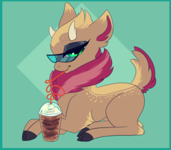 Size: 1146x1006 | Tagged: safe, artist:ponycide, oc, oc only, oc:glacial wind, deer, pony, reindeer, coffee, glasses, makeup, simple background, solo, straw