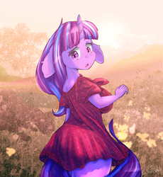 Size: 1914x2084 | Tagged: safe, artist:woofmaple, starlight glimmer, unicorn, anthro, g4, clothes, dress, female, flower, grass, looking at you, looking back, meadow, solo, tree