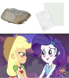 Size: 742x844 | Tagged: safe, applejack, rarity, equestria girls, equestria girls specials, g4, my little pony equestria girls: better together, my little pony equestria girls: rollercoaster of friendship, blushing, female, geode of shielding, geode of super strength, implied tribadism, lesbian, meme, pun, reference, ship:rarijack, shipping, visual pun