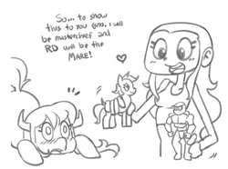Size: 1050x782 | Tagged: safe, artist:nauth, oc, oc:alissa, oc:twinkle bun, human, pony, ask, clothes, community related, grayscale, halo (series), master chief, midriff, monochrome, tank top, tumblr