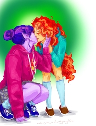 Size: 1211x1580 | Tagged: safe, artist:mr-yan-dvoynykh, sci-twi, sunset shimmer, twilight sparkle, equestria girls, g4, alternate clothes, clothes, cutie mark on clothes, elf ears, eyes closed, female, hoodie, kissing, lesbian, ship:sci-twishimmer, ship:sunsetsparkle, shipping, shoes, sneakers, unicorns as elves