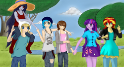 Size: 5500x3000 | Tagged: safe, artist:marcyeveret, sunset shimmer, twilight sparkle, equestria girls, g4, adventure time, chloe price, crossover, eyes closed, female, finn the human, holding hands, lesbian, life is strange, male, marceline, max caulfield, piggyback ride, pond, ship:sunsetsparkle, shipping, smiling, victory sign