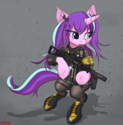 Size: 1830x1857 | Tagged: safe, artist:orang111, starlight glimmer, pony, unicorn, g4, alternate hairstyle, armband, bipedal, boots, clothes, digital art, eotech, female, girls' frontline, gun, hair ribbon, heckler and koch, mare, pantyhose, pleated skirt, shadow, shoes, signature, skirt, solo, submachinegun, suppressor, ump, ump9, weapon