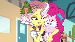 Size: 1920x1080 | Tagged: safe, screencap, pinkie pie, vignette valencia, equestria girls, equestria girls series, g4, rollercoaster of friendship, duo, duo female, female, geode of sugar bombs, personal space invasion, scrunchy face, stranger danger