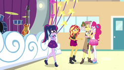 Size: 1920x1080 | Tagged: safe, screencap, pinkie pie, sci-twi, sunset shimmer, twilight sparkle, vignette valencia, equestria girls, equestria girls series, g4, rollercoaster of friendship, angry, geode of empathy, geode of telekinesis, personal space invasion, reaching, stage