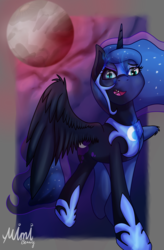 Size: 2100x3200 | Tagged: safe, artist:milkychocoberry, nightmare moon, princess luna, alicorn, pony, g4, armor, digital art, duality, fangs, female, full moon, helmet, high res, hoof shoes, mare, moon, nightmare luna, open mouth, peytral, simple background, solo, transformation