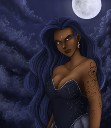 Size: 886x1016 | Tagged: safe, artist:comsing8, princess luna, human, g4, breasts, cleavage, ear piercing, earring, female, humanized, jewelry, moon, night, piercing, solo