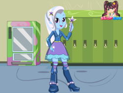 Size: 794x599 | Tagged: safe, artist:user15432, trixie, human, equestria girls, g4, boots, canterlot high, clothes, dressup, dressup game, hallway, hasbro, hasbro studios, lockers, magic wand, shoes, solo, starsue, wondercolts