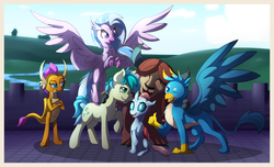 Size: 2000x1212 | Tagged: safe, artist:masteroshawott, gallus, ocellus, sandbar, silverstream, smolder, yona, changedling, changeling, classical hippogriff, dragon, griffon, hippogriff, yak, g4, crossed arms, dragoness, female, group photo, male, one eye closed, paws, student six, teenager, thumbs up, wink
