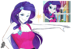 Size: 1065x720 | Tagged: safe, artist:laizy-boy, rarity, equestria girls, g4, life is a runway, my little pony equestria girls: rainbow rocks, belt, brooch, clothes, cute, dress, eyeshadow, female, hairpin, hand on hip, looking at you, makeup, raised eyebrow, raribetes, scene interpretation, sexy, sleeveless, smiling, smirk, solo