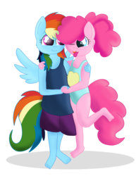 Size: 2550x3300 | Tagged: safe, artist:skyflys, pinkie pie, rainbow dash, anthro, g4, barefoot, clothes, cute, feet, female, filly, filly pinkie pie, filly rainbow dash, happy, high res, hug, lesbian, one-piece swimsuit, ship:pinkiedash, shipping, simple background, swimsuit, transparent background, younger