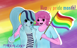 Size: 1950x1220 | Tagged: safe, artist:marcyeveret, pinkie pie, sonata dusk, equestria girls, g4, :p, alternate hairstyle, blush sticker, blushing, clothes, female, flag, gay pride, gay pride flag, lesbian, lgbt, open mouth, pride, pride month, ship:pinata, shipping, smiling, tongue out